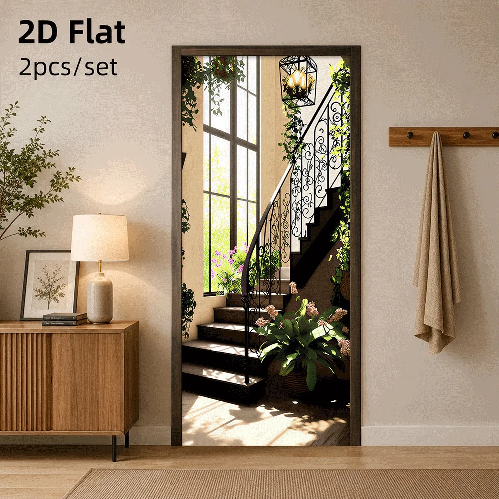 1 piece of European retro iron staircase door sticker with natural green plant sticker self-adhesive removable 2D flat surface