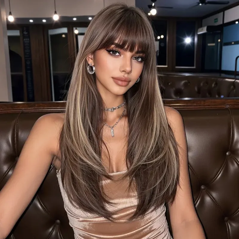 オンブルブラウンブラックハイライトロングストレート合成かつら前髪付きコスプレウィッグ女性用高温ナチュラルフェイクヘア