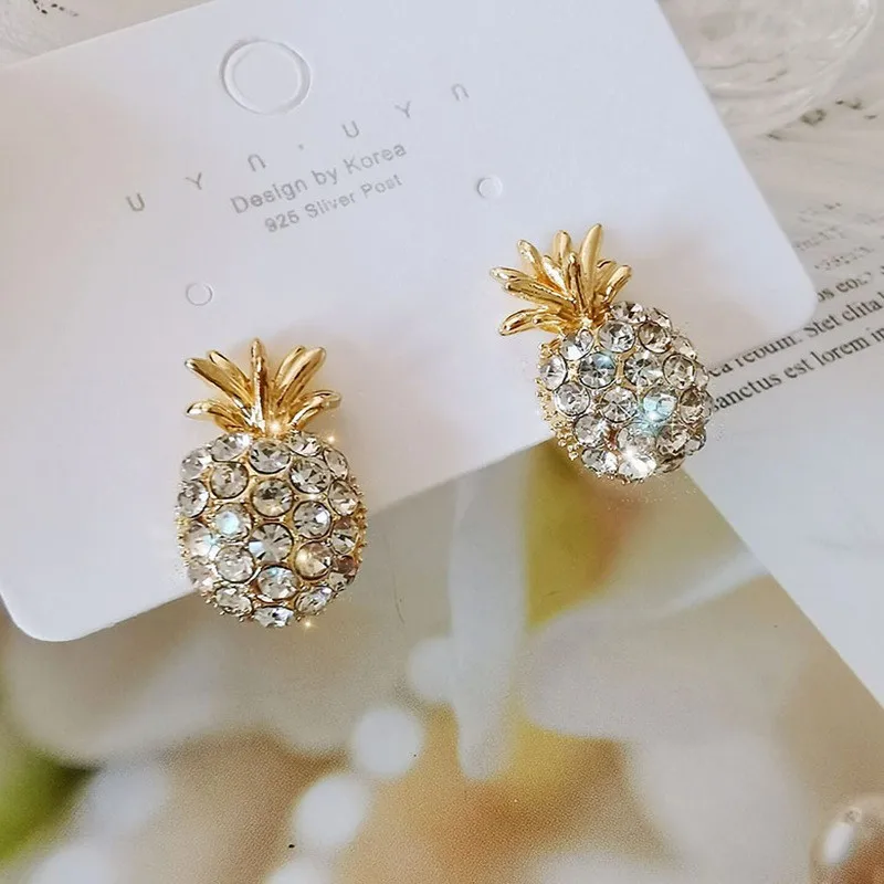 Full Crystal Pineapple Stud Earrings For Women Golden 2022 Trendy Luxury Korean Jewelry White Zircon Earrings Female