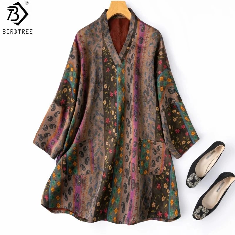 

Birdtree, 100% Silk Long Tshirt, Long Sleeve V-neck Tops, Women's Jacquard Leno Silk Xiangyunsha Shirt, 2026 Summer New T65426JF