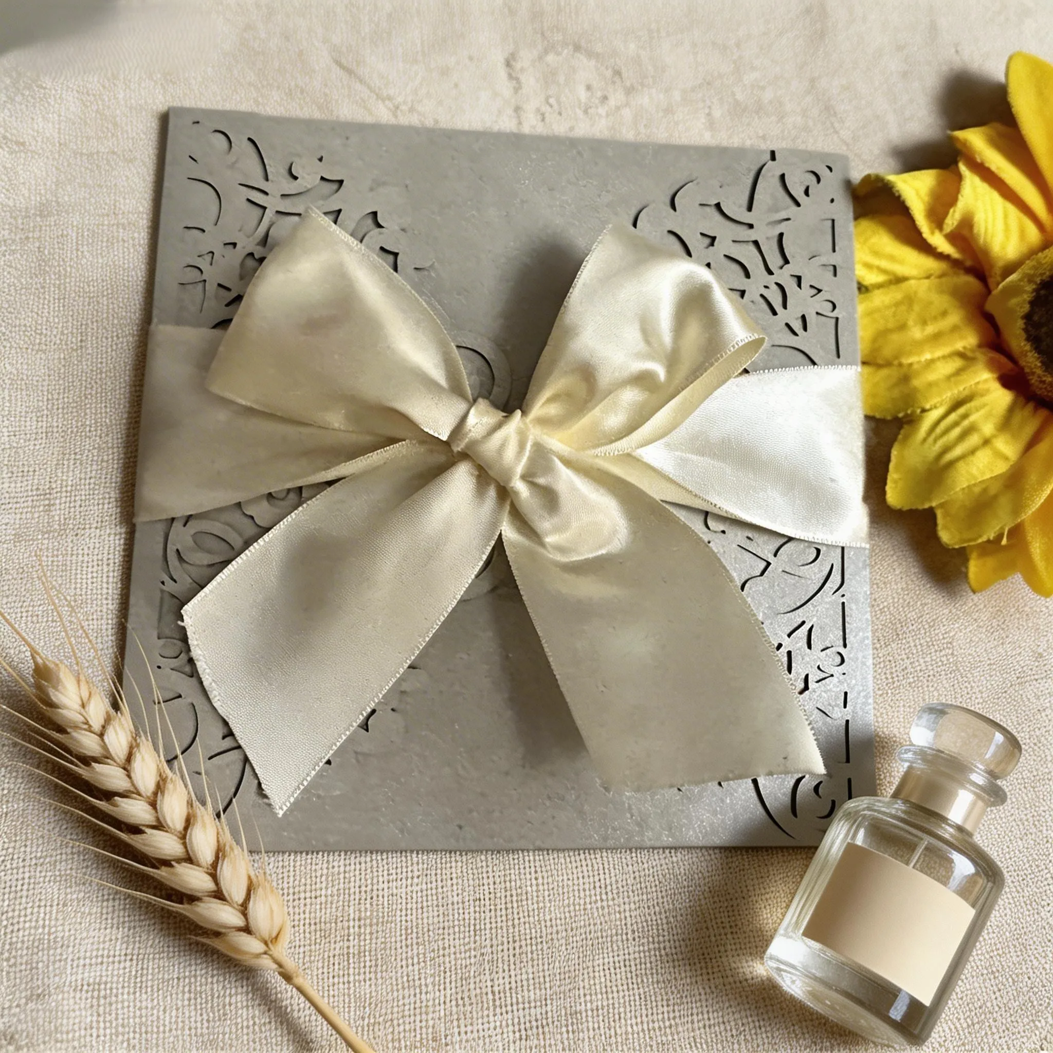 

10pcs Custom Paper Silver Laser Cut Invitations Wedding Invitation Cards,Invitation Card with Ribbon for Guests Gift Decoration