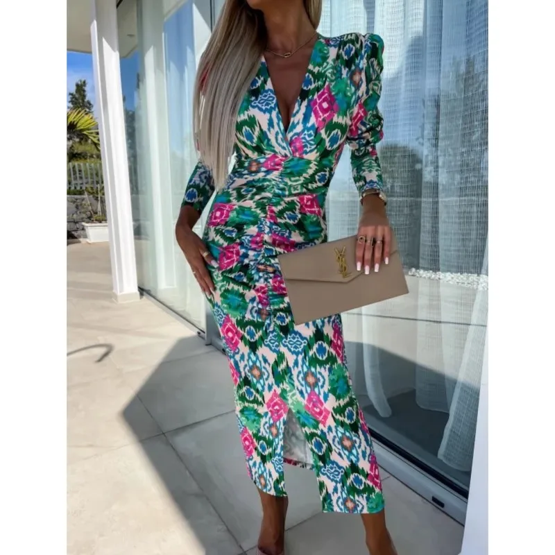 2025 Spring Summer women's Slit Dresses Long Sleeve V-neck female Floral Dress Slim High Waist Office Lady Pencil vestidos Robe