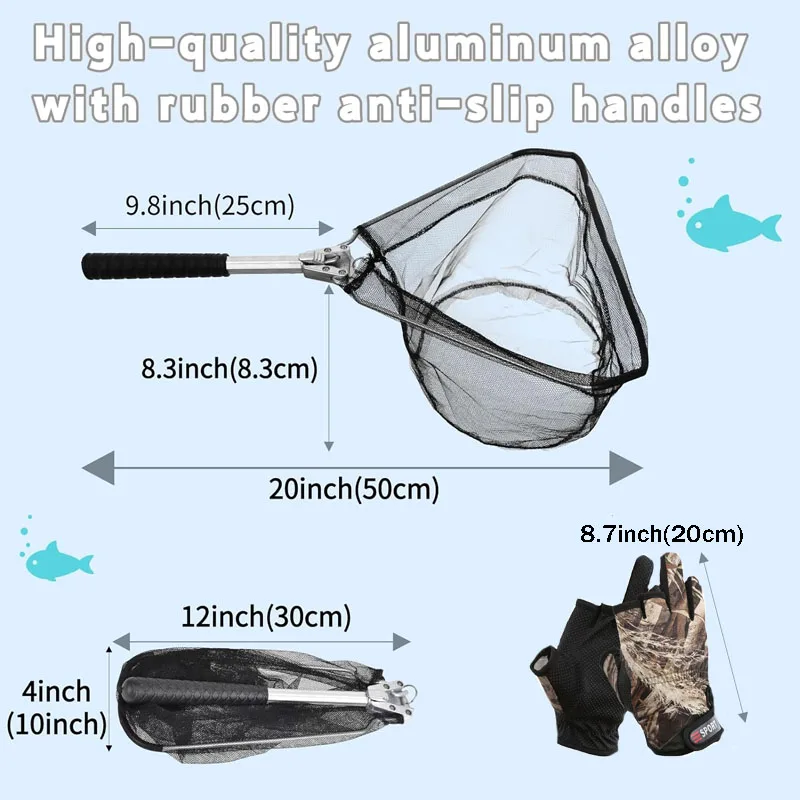 50cm Tacklurenet Foldable Kayak Fishing Net with Aluminum Alloy Frame and Gloves Nylon Net for Small Fishing  Landing Nets