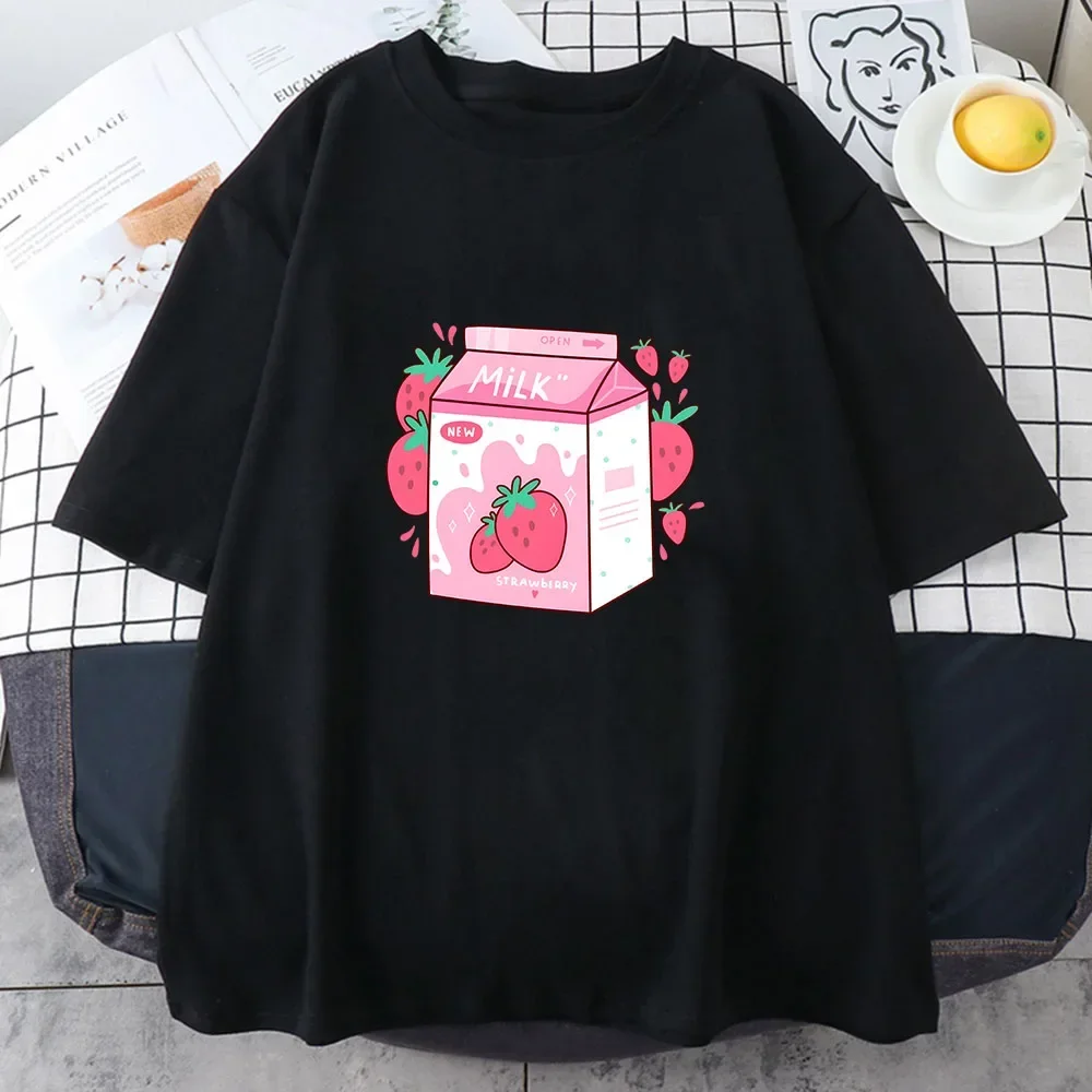 Strawberry Milk Cartoon Printing Tee-shirt Casual Short Sleeve O-neck T-shirts Soft High Quality Tshirts Women Girls Lady Tops