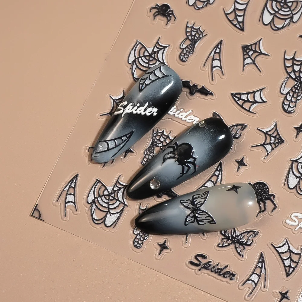1/5/10pcs Halloween 5D Embossed Nail Art Stickers Spider Webs Bat Butterflies Nail Stickers For DIY Manicure Decoration Decals