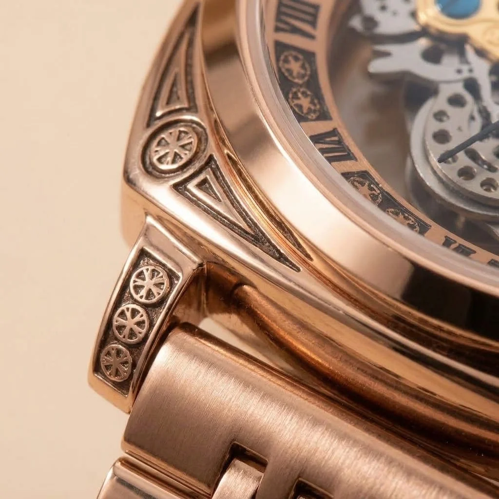 Fashion Skeleton Mechanical Watch Rose Gold Tone Metal Link Strap Roman Numeral Bezel Decorative Case Men's Wristwatch