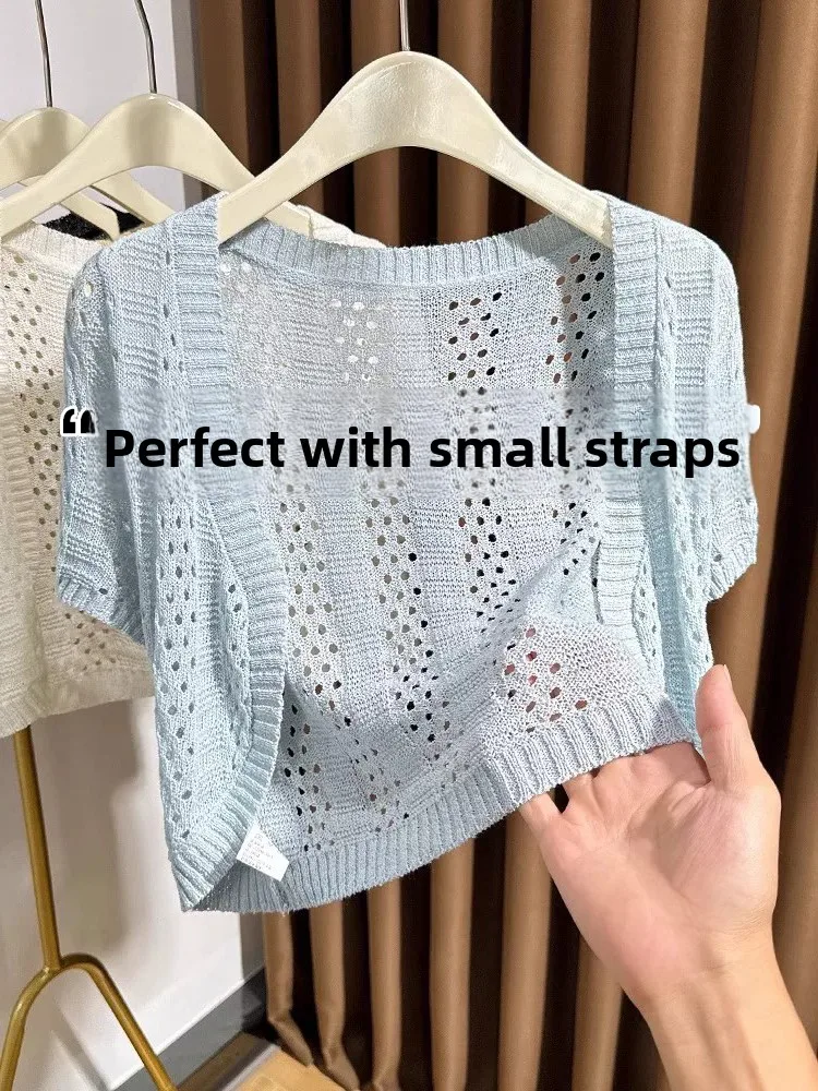 

Blue Short Sleeve Knitted Sun Protection Cardigan Women Summer Short Dress Beach Hollow out Knitted Shawl Thin Outerwear
