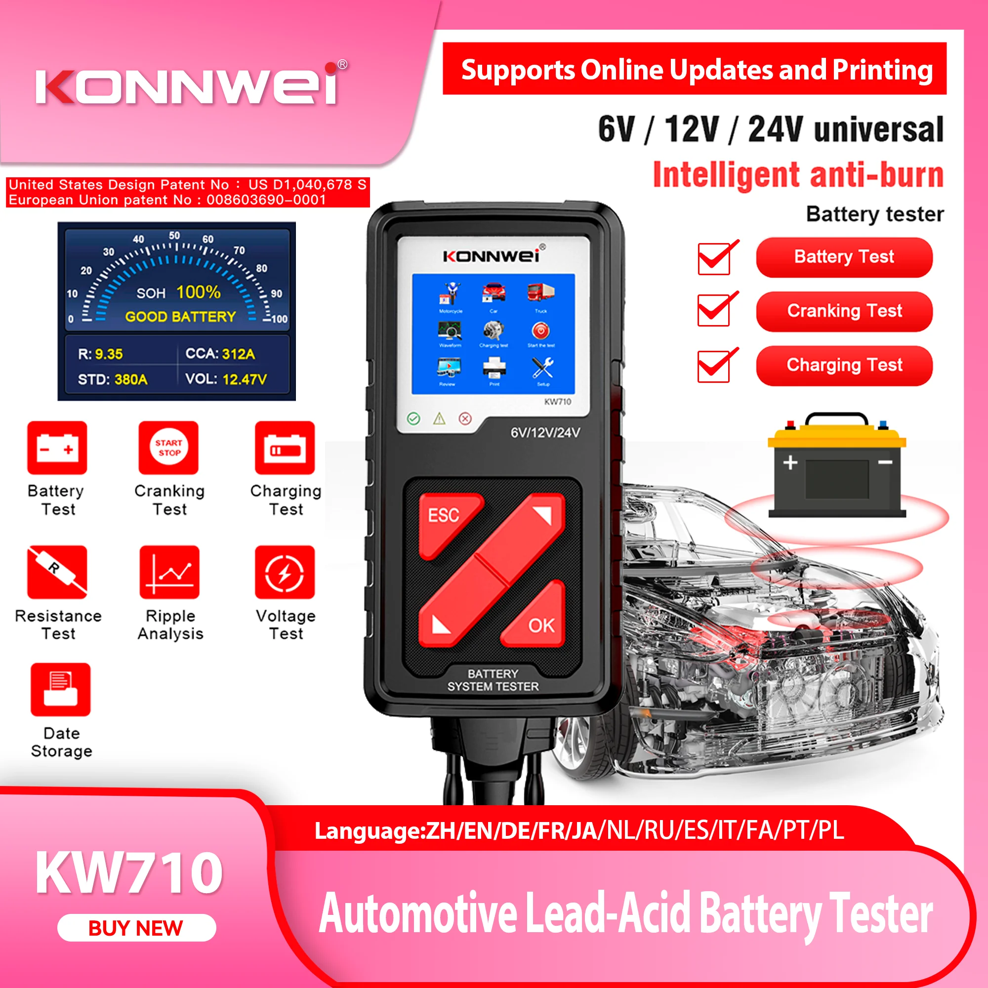 

2025 KONNWEI KW710 Professional Car Battery Tester 6V 12V 24V Battery Load Tester Charging Diagnostic Tool With Enhanced clip