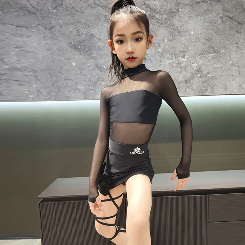 

Girls ChaCha Dance Clothing Practice Suit Samba Rumba Salsa Dancing Costume High Collar Latin Dance Performance Dress