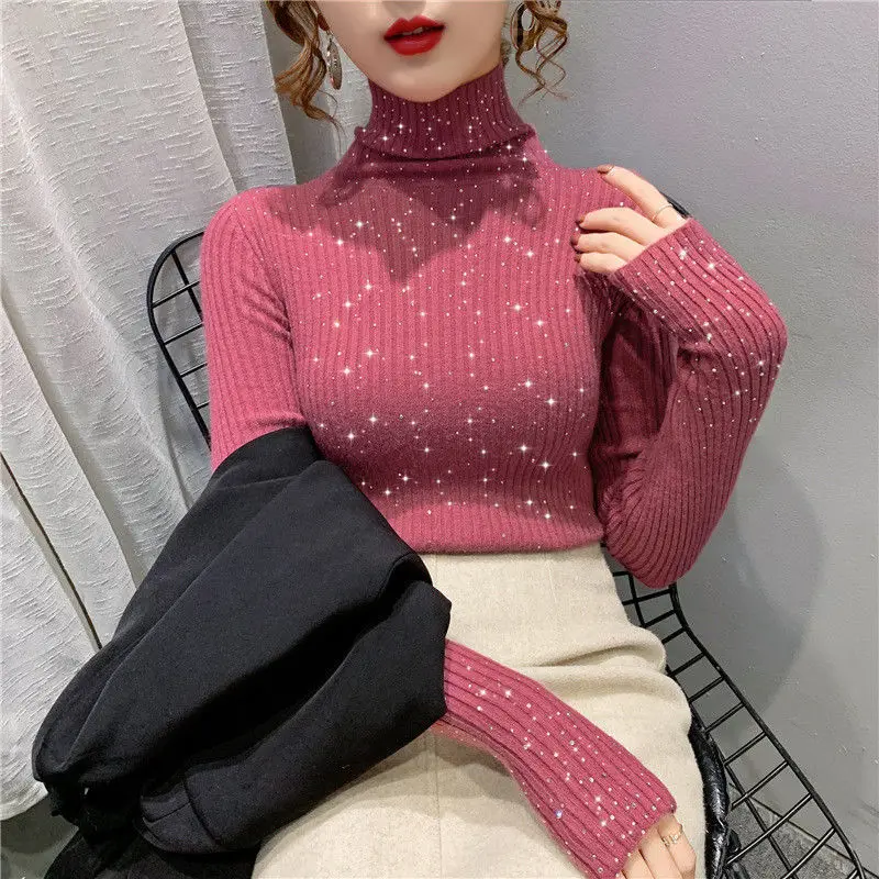 Luxury Shiny Rhinestone Sweater Fall Winter Slim Thin Knitted Bottoming Shirts Turtleneck Pullovers Sequined Undershirts Tops