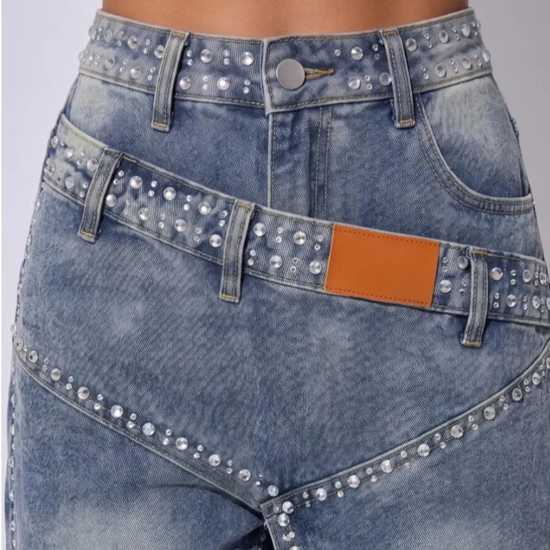 New Hot Rhinestone Wide Leg Floor Jeans Women European American High Waist Gradient Wash Split Design Loose Denim Trousers