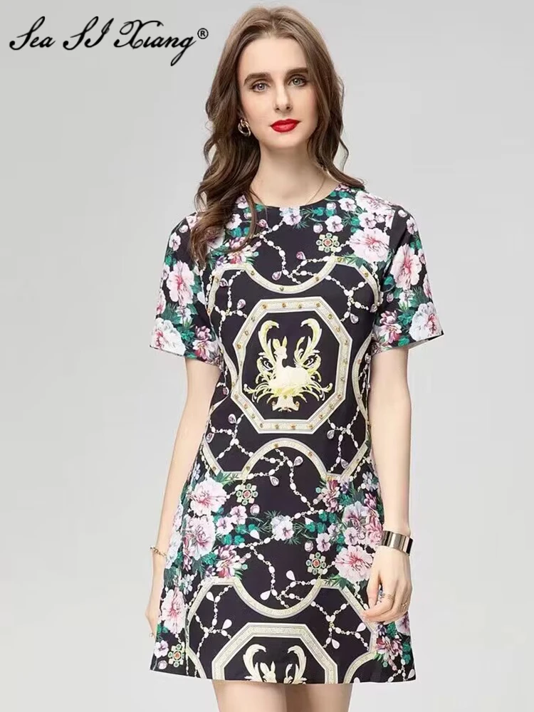 

Seasixiang Fashion Designer Spring Summer Dress Women O-Neck Short Sleeve Diamonds Floral Print Indie Folk Mini Dresses