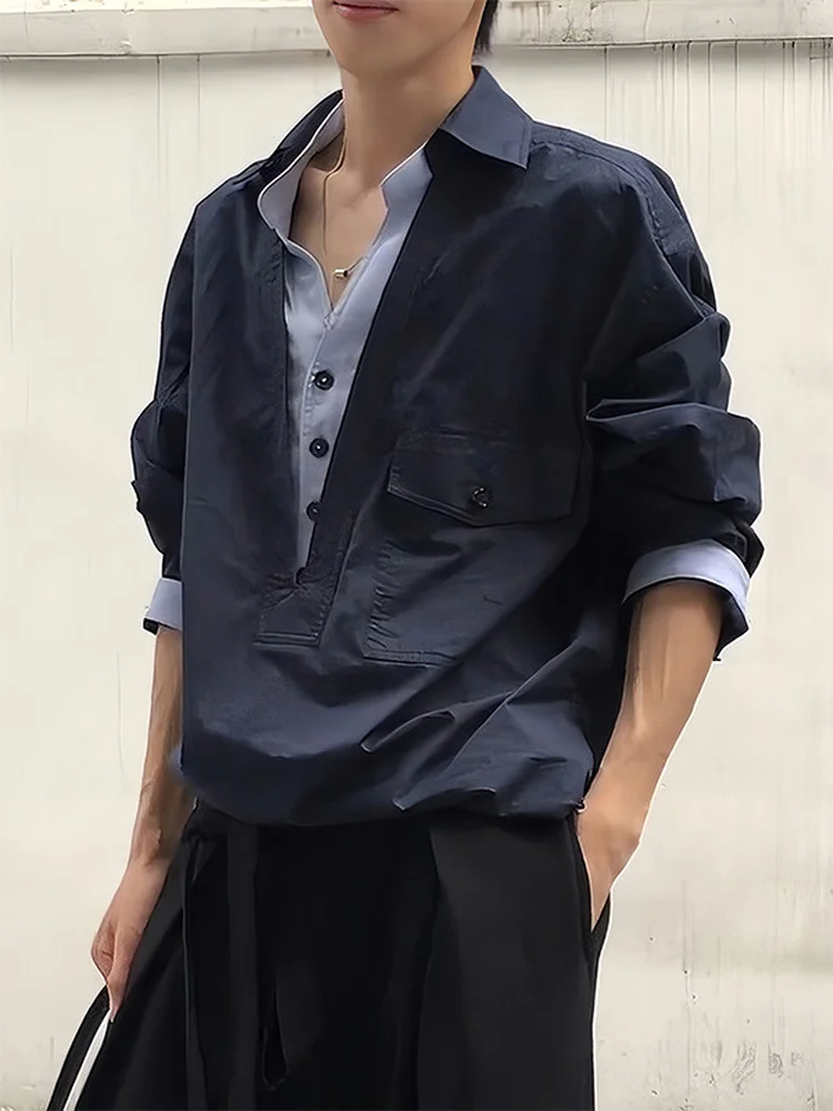 Men's V-Neck Long Sleeve Shirt Fake Two-Piece Design High-End Sensation Color Block Casual Style Polyester Fiber Autumn Wear