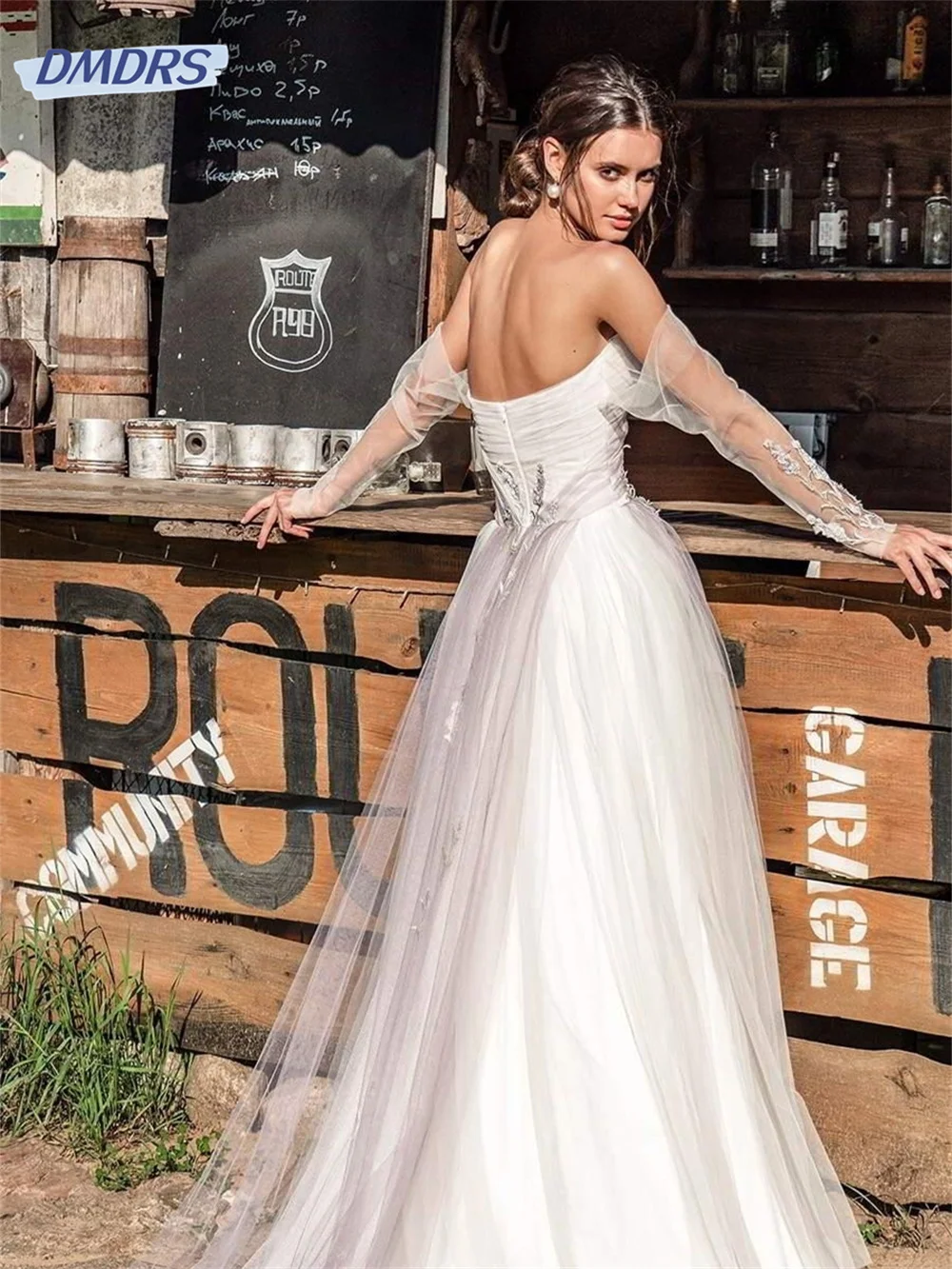 Sheer Long Sleeves Wedding Dresses Strapless Ruched Beaded Applique Side Split Sexy Summer Bridal Gowns Bohemian For Women