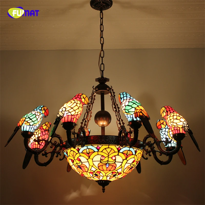 Fumat Tiffany Chandelier Vintage Parrot Stained Glass LED Ceiling Hanging Lamp Bedroom Dining Living Pendant Light Home Decor