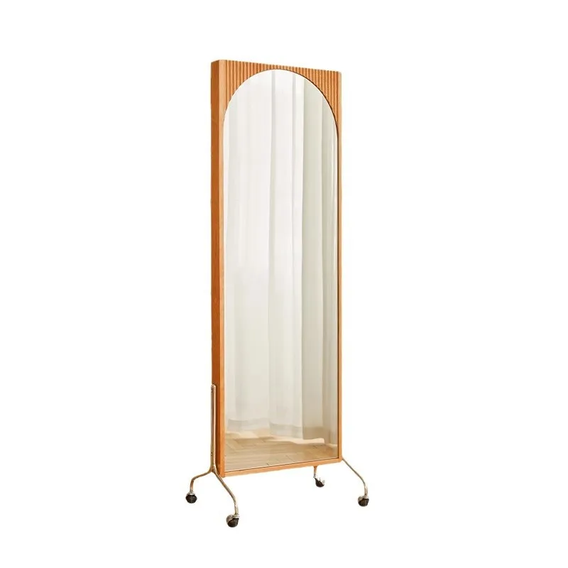 

Full-body mirror push-pull movable rotating floor cherry bookshelf integrated dressing mirror