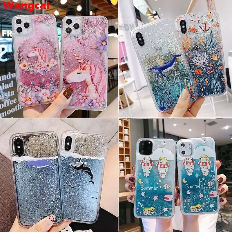 Whale Glitter Phone Case For Xiaomi Redmi K30 7 6 S2 5 Plus Note 8 7 6 Pro 5 Unicorn Case Bling Quicksand Liquid Soft Cover