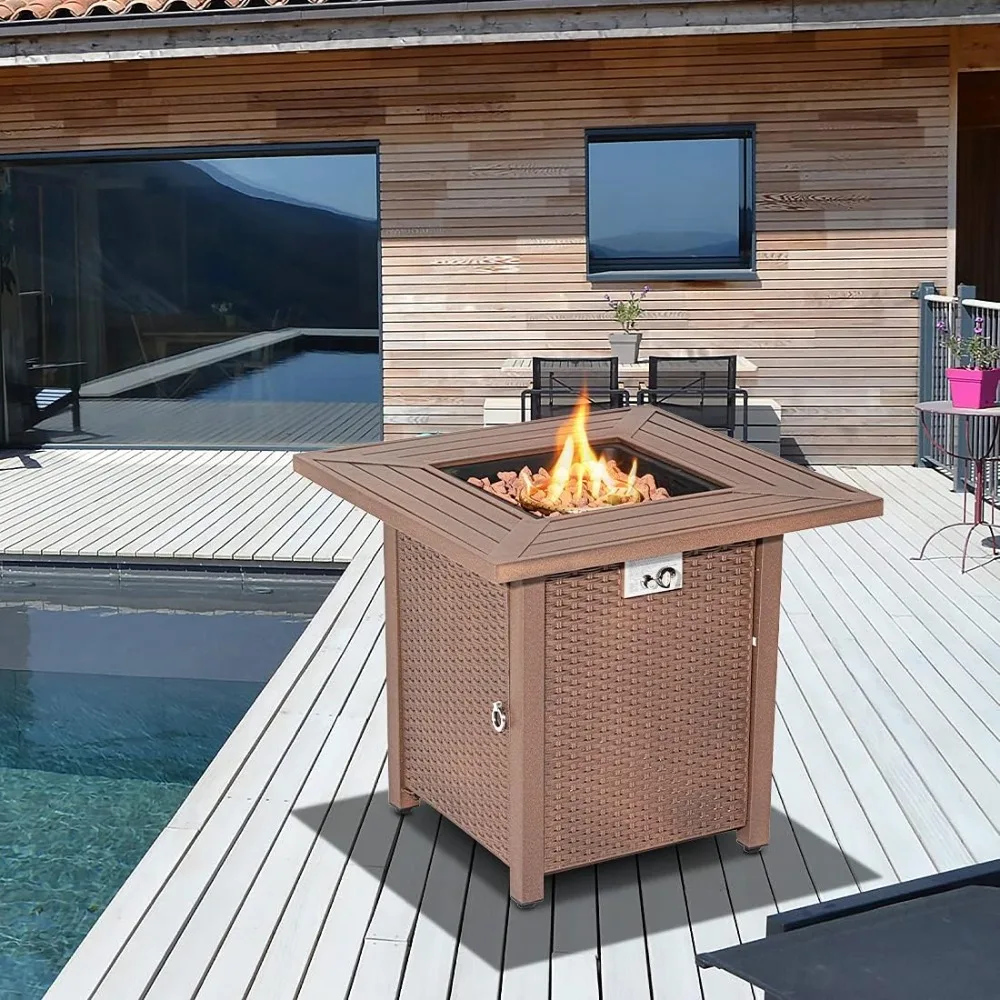 

28 Outdoor Propane Fire Pit Table with 40,000 BTU Auto-Ignition, Brown Rattan Style Companion