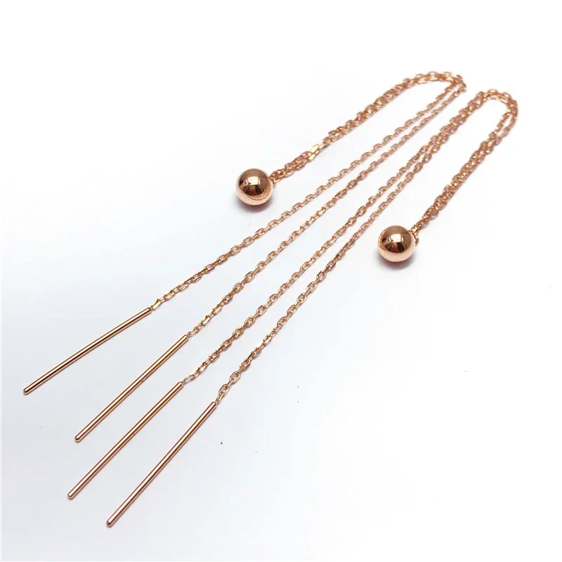 Classic Simplicity Round Glossy Bead Copper Plated Rose Gold Long Earings Double Chains Earrings for Women Party Jewelry
