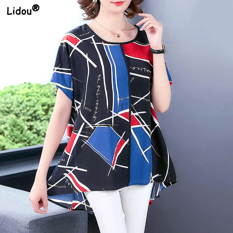 

Loose Women's Clothing 2023 New Printing Geometric Pullovers Elegant Fashion Summer Thin Casual Round Neck Short Sleeve T-Shirts