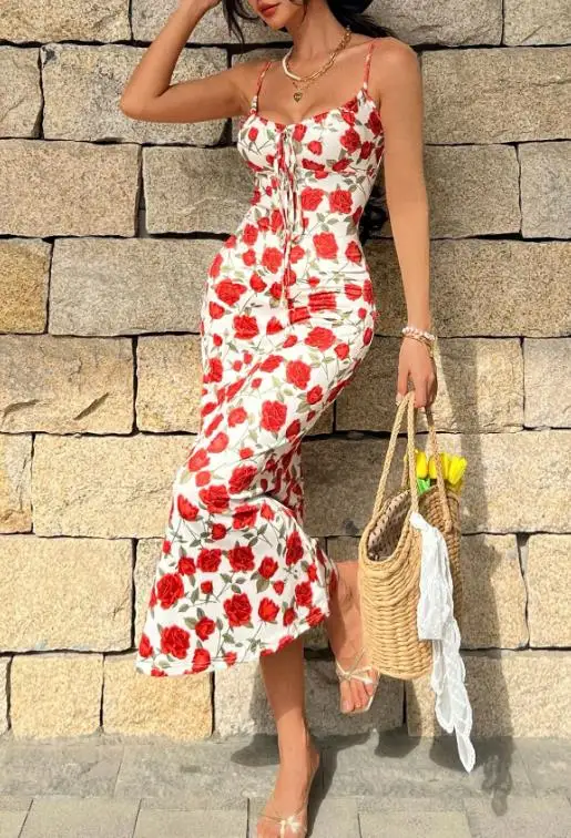 

Women's Dress Retro French Romantic Seaside Vacation Style Female Sexy Lace Up Waist Floral Wrap Chest Slimming Long Dresses