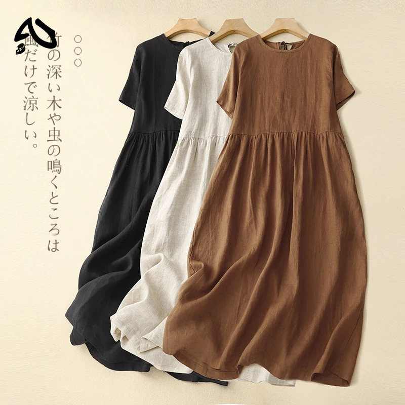 

Original Women Cotton Linen Midi Dresses Summer Chic Female Vestidos Loose Soild A-Line Dress Short Puffy Sleeve Casual Sundress