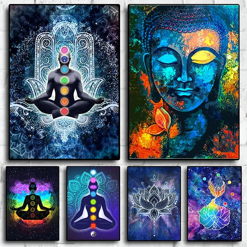 Indian Buddha Statue Meditation Chakra Mandala Print Art Canvas Poster for Living Room Decoration Home Wall Decor Picture