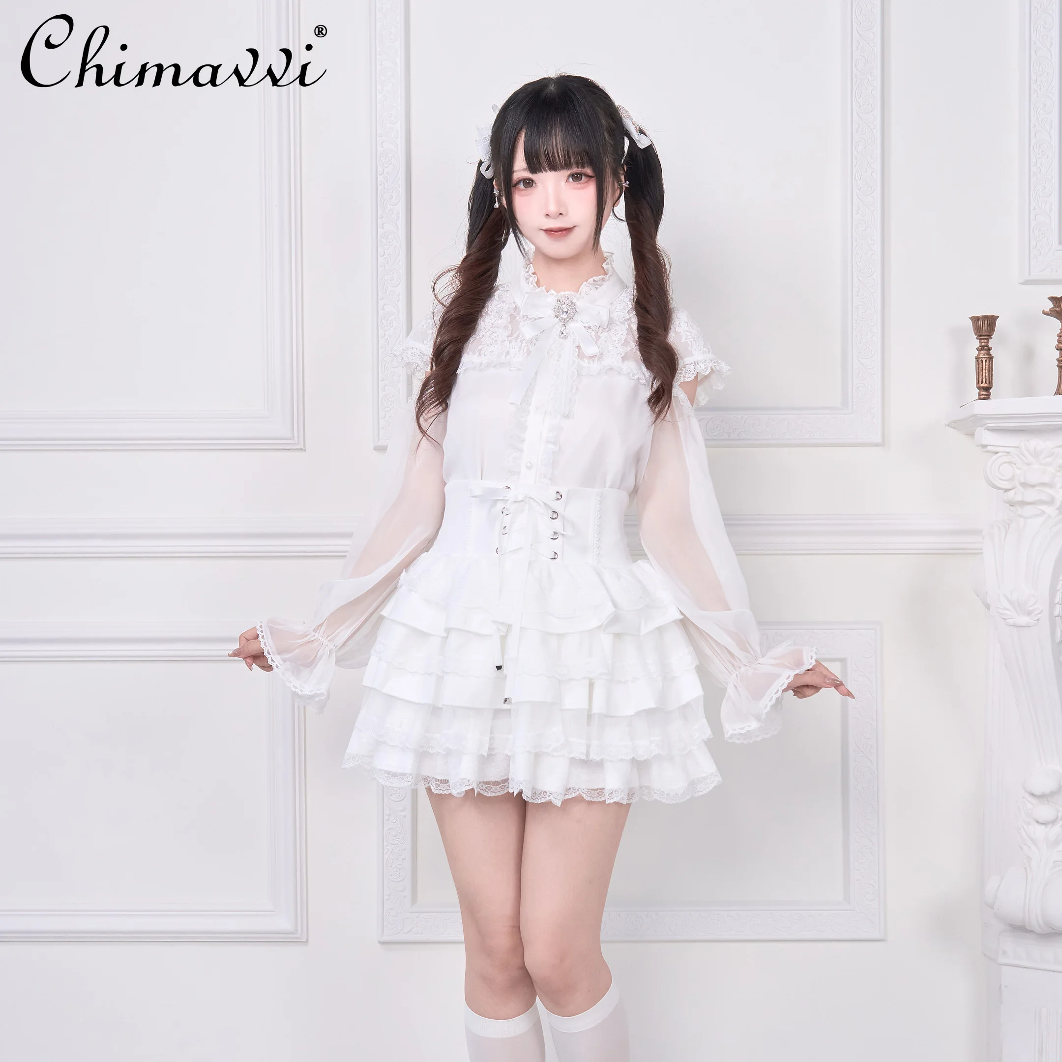 Sweet Girl Chiffon Lace Blouse Original Mass-Produced Japanese Style Semi-Transparent Long Sleeve Gothic Cute Lolita Shirt Top