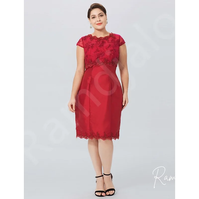 Customized Red Lace Knee-Length Dress with 3/4 Sleeve Jacket Plus Size Mother of the Bride or Groom at Weddings and Formal Event