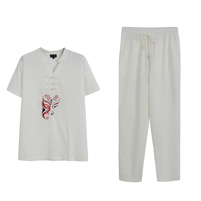 

Retro Embroidered Short Sleeve T-Shirt Loose Slimming Pants Set V-Neck Casual Fashion Women's Clothing Summer Collection