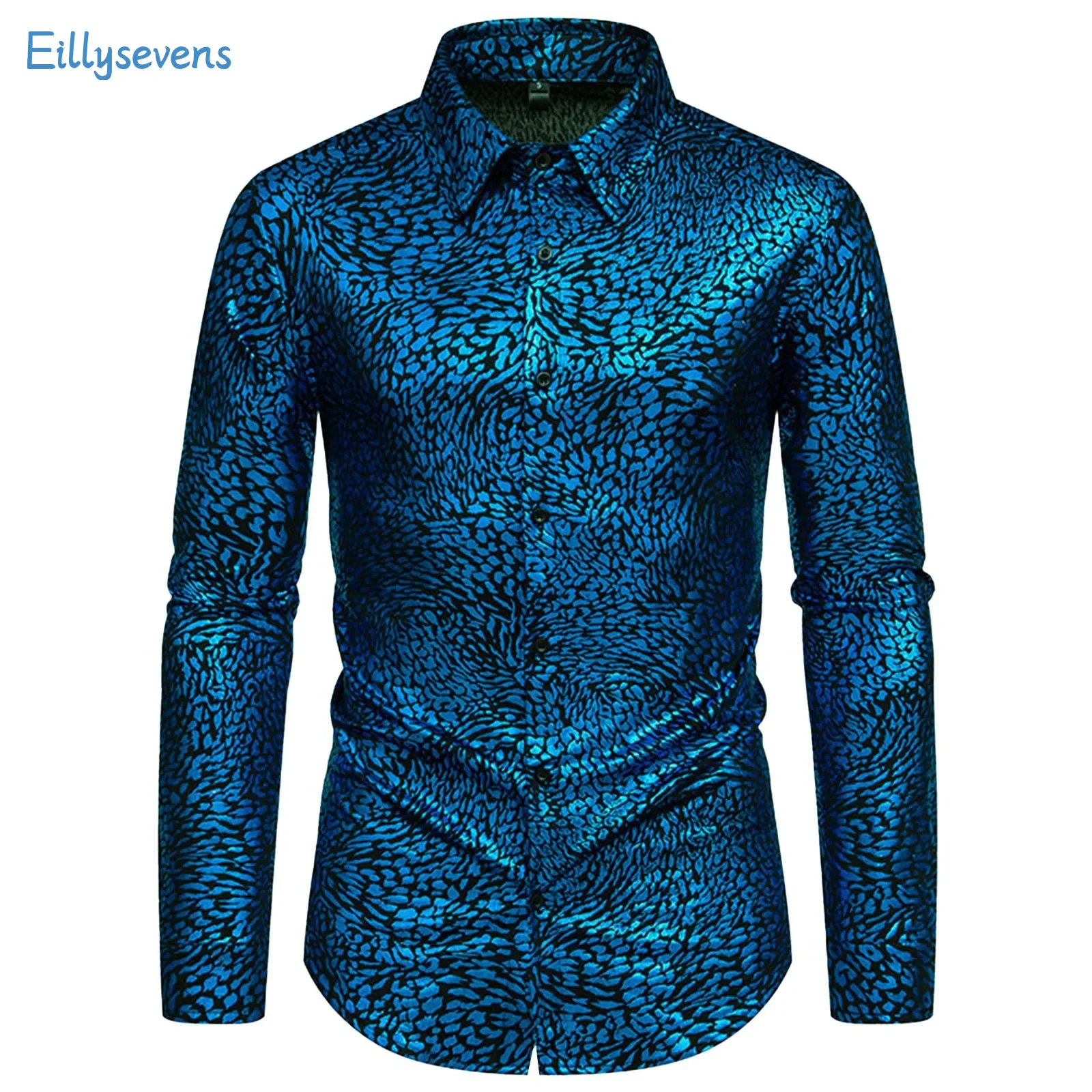 Men Vintage Shirts Fashion Trend Hot Stamping Printed Banquet Party Shirts Causal Long Sleeve Slim Fit Performance Costume