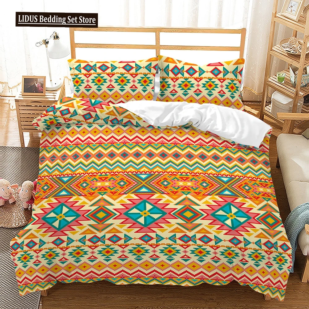 

Bohemian Duvet Cover Set 3 Pieces Trellis Striped Ethnic Boho Vintage Quilt King Queen For Boy Girls Teens Polyester Bedding Set