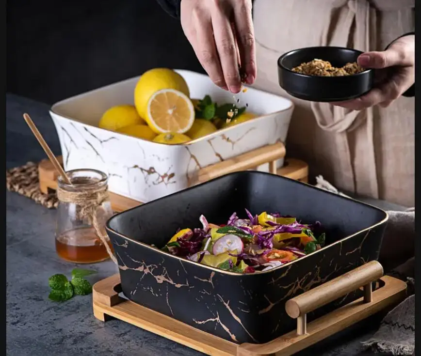 

Североевропейский мраморный узор, черно-белая керамика, квадратная миска для фруктового салата, украшение дома, посуда, тарелка/тарелка для закусок