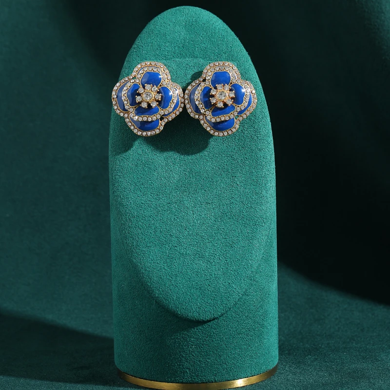 

Vintage Blue Enamel Flower Earrings 2025 Trend Zircon Rhinestone Woman Gold Color Elegant Luxury Designer Gift Daily Party New