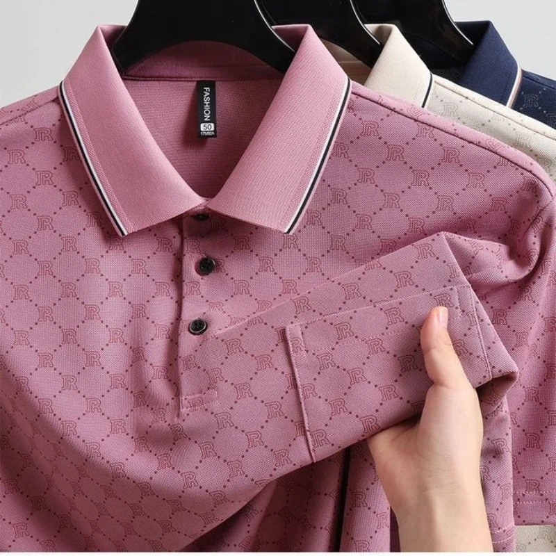 Men's Letter Print Polo Shirt Summer Short Sleeve Breathable Casual Loose Collared Tops