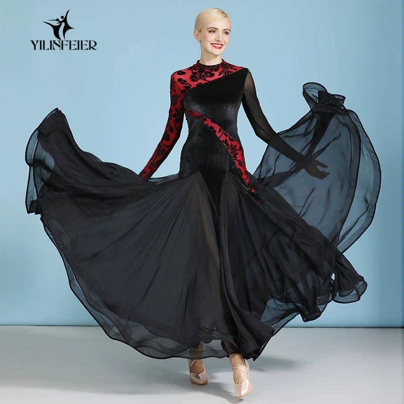 Ballroom dance competition dress with high neck long sleeves,red and black floral splicing pattern decor and full swing skirt fo