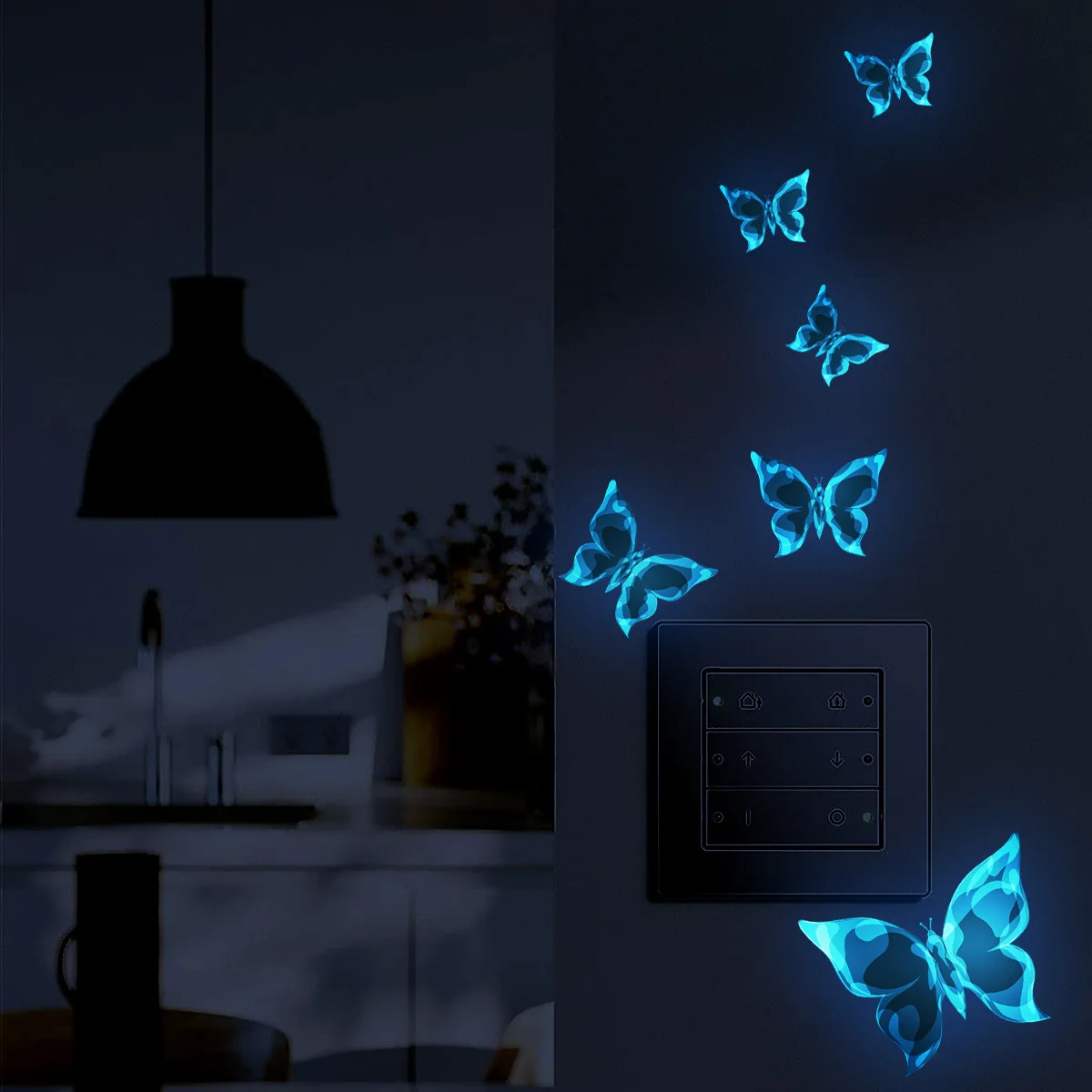 6pcs/set Blue Fluorescent Butterfly Wall Stickers Nursery Room Decoration Stickers Switch Stickers Glow Sticker for Toilet Tile