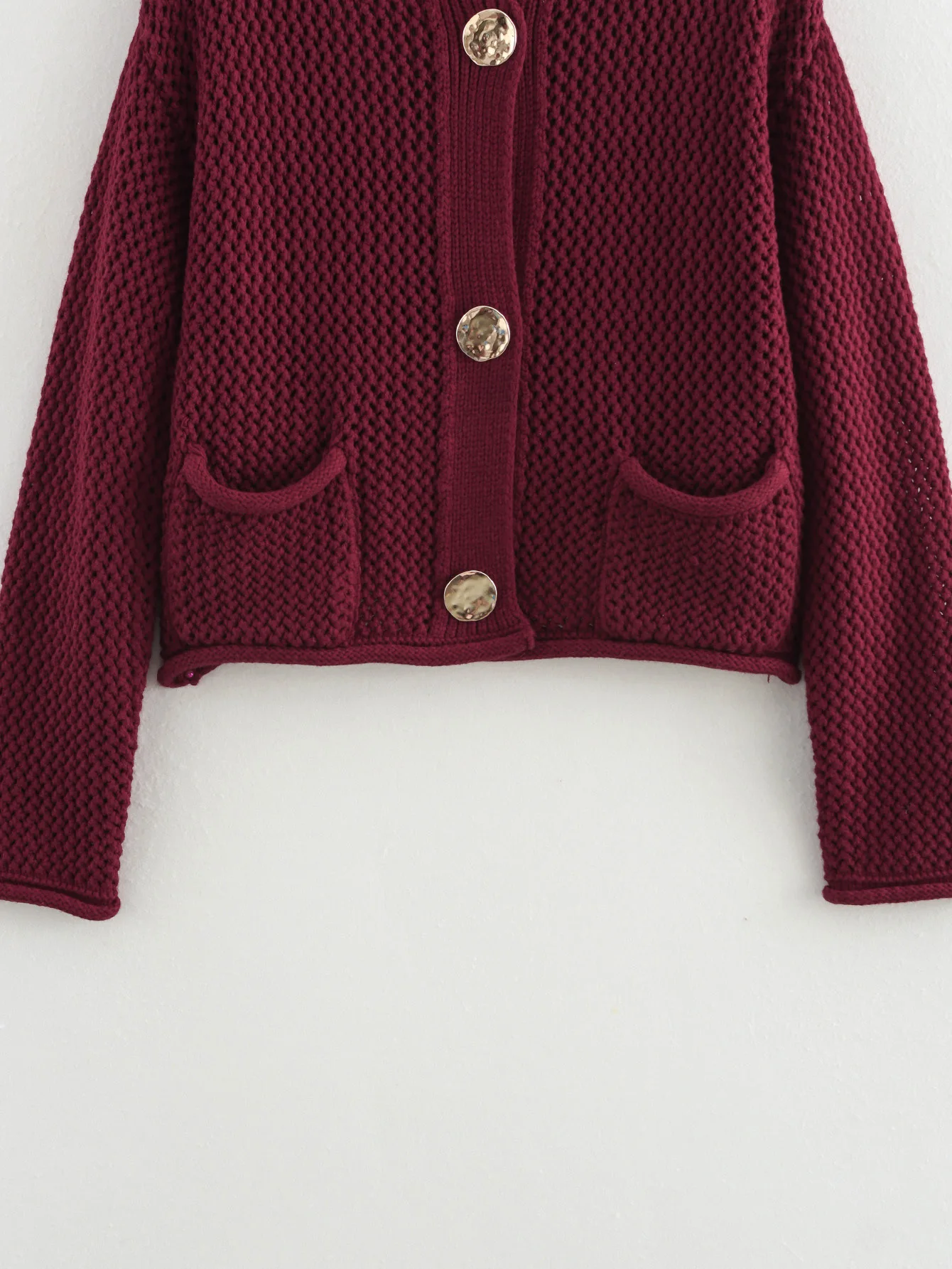 2024 Female Casual Cardigan Sweater Coat 2 Pockets Wine Red Solid Metal Button Knitted Sweater Woman Autumn Trends Street