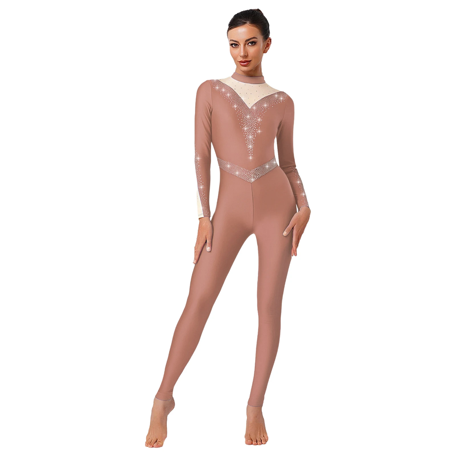 

Womens Figure Ice Skating Dance Gymnastics Leotard Shiny Rhinestones Long Sleeve Long Pants Jumpsuit for Gym Training Dancing