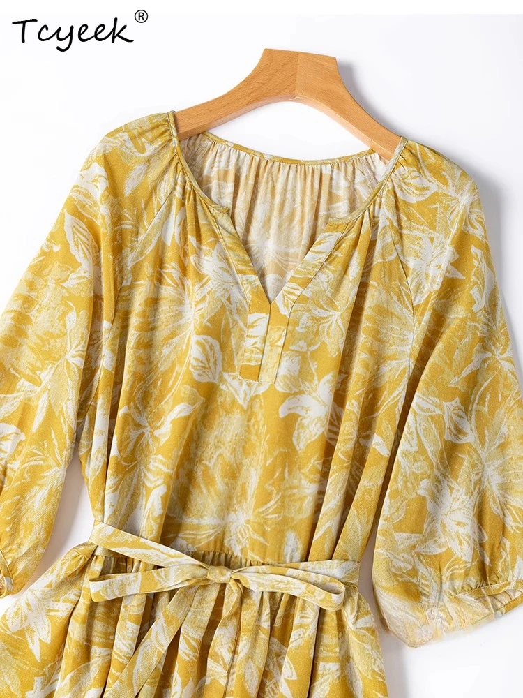 Tcyeek 100% Maulbeerseide Elegante Damenkleider 2025 Schnür-Sommerkleider für Frauen Partykleid mit V-Ausschnitt Vestidos Mujer