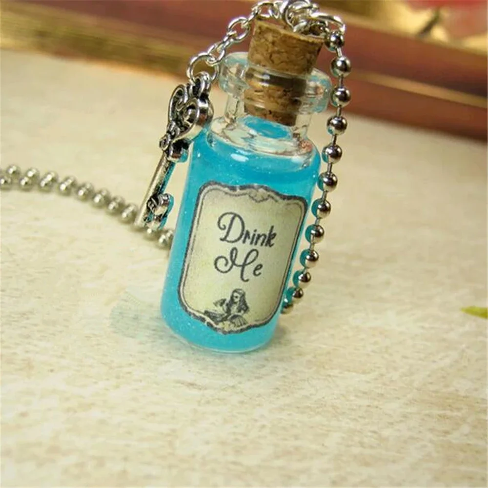 Drink Me Alice in Wonder Land Glass Bottle Necklace Charm Cork Vial Pendant Christmas Potion