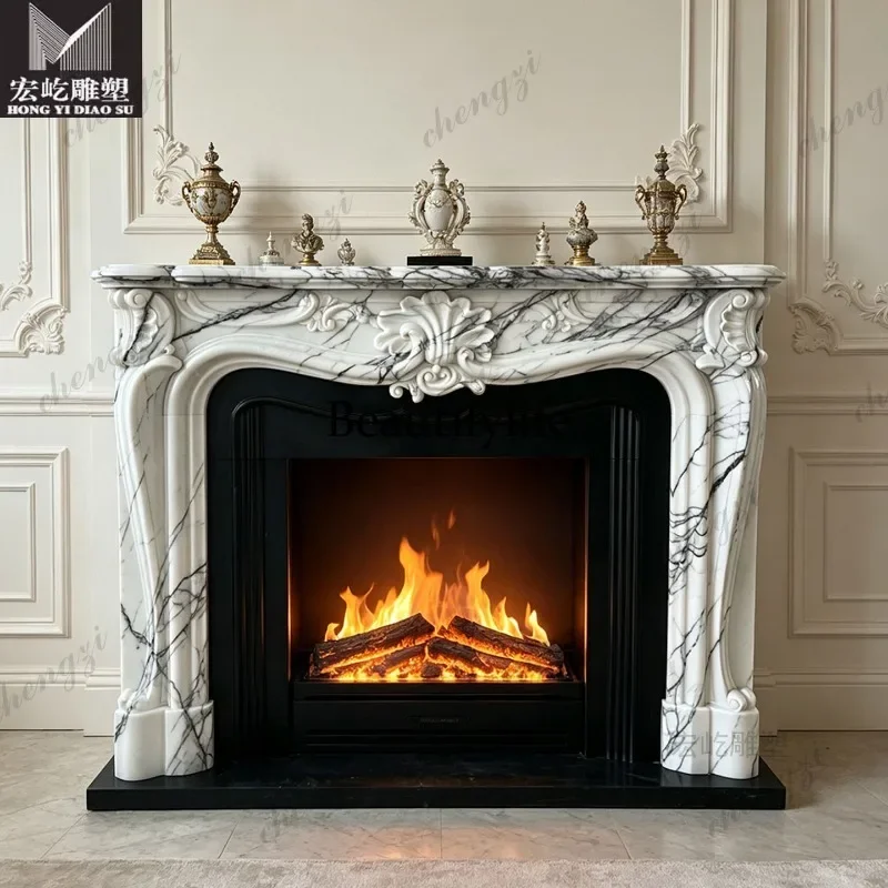 B178 Natural marble mantel French light luxury simple living room stone fireplace customization