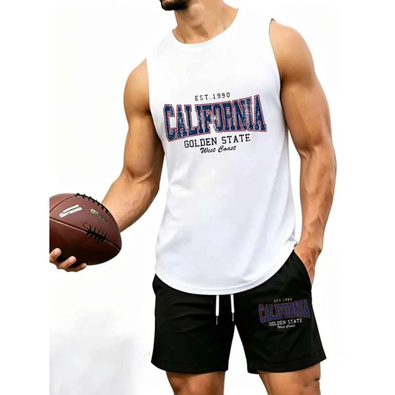 Men's "California Golden State EST.1990" Print 2-Piece Sleeveless Tank Top & Shorts Set, Casual West Coast Style Athletic Tracks