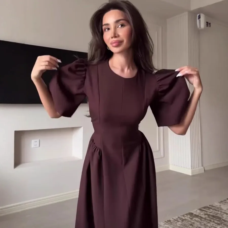 

【Новый стиль】Женственное весеннее элегантное платье нового стиля с широким подолом, круглым воротником, женское платье в европейском и американском стиле с короткими рукавами.