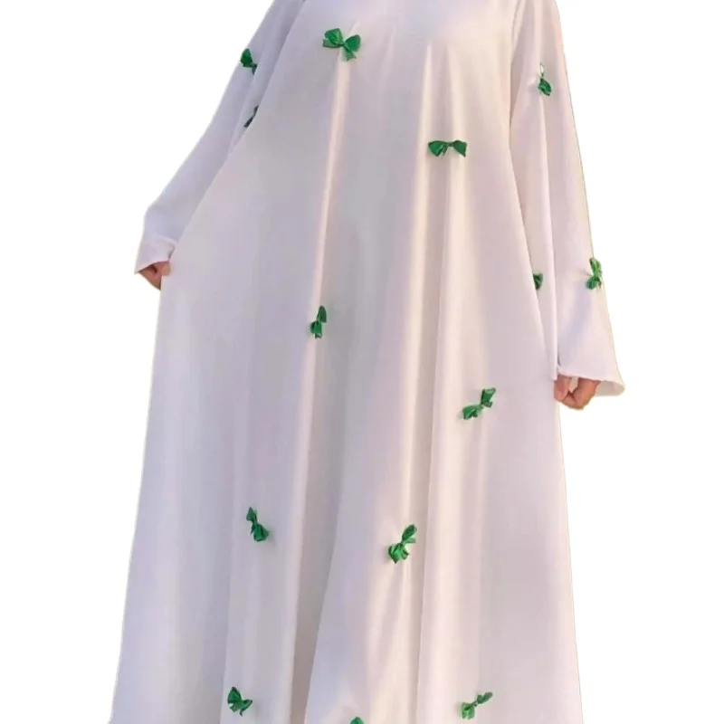 

Muslim Women's Dress Elegant Sweet Bow Tie Long Dress Puff Sleeve Women's Skirt Fairy Like Dresses Abaya Bow Robe Dress