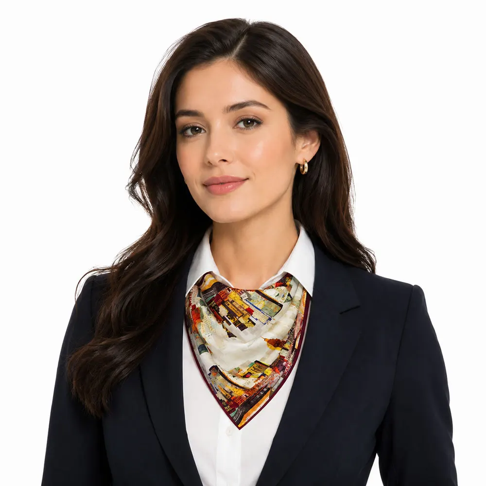 65cm 100% Natural Silk Luxury Women Scarf Ladies Decorative Thick Square Sprint City Print Bandana Morden Style Gift for Grandma