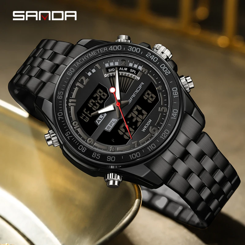 SANDA Top orologi al quarzo per uomo forte luminoso doppio Display Sport impermeabile in acciaio inossidabile LED orologio da polso digitale Relogio