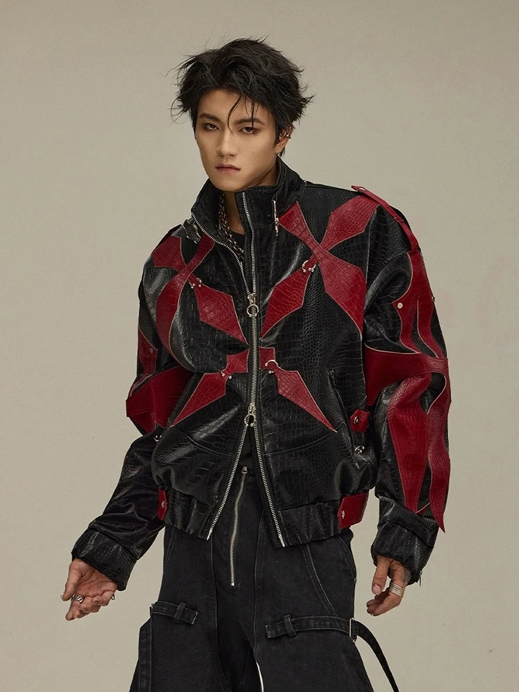 

Hip Hop Spring Autumn Cool Handsome Crocodile Print Patchwork Pu Leather Jacket Mens Color Block Luxury Designer Clothes 2025