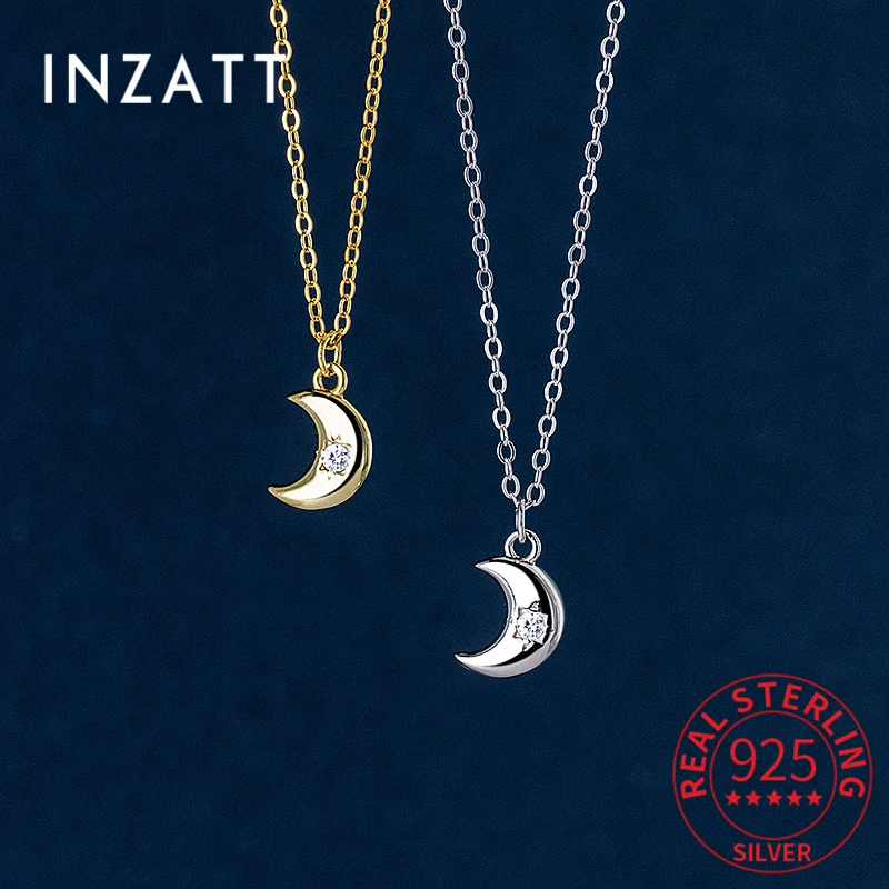 INZATT Real 925 Sterling Silver Zircon Moon Pendant Choker Necklace For Fashion Women Cute Fine Jewelry Minimalist Accessories