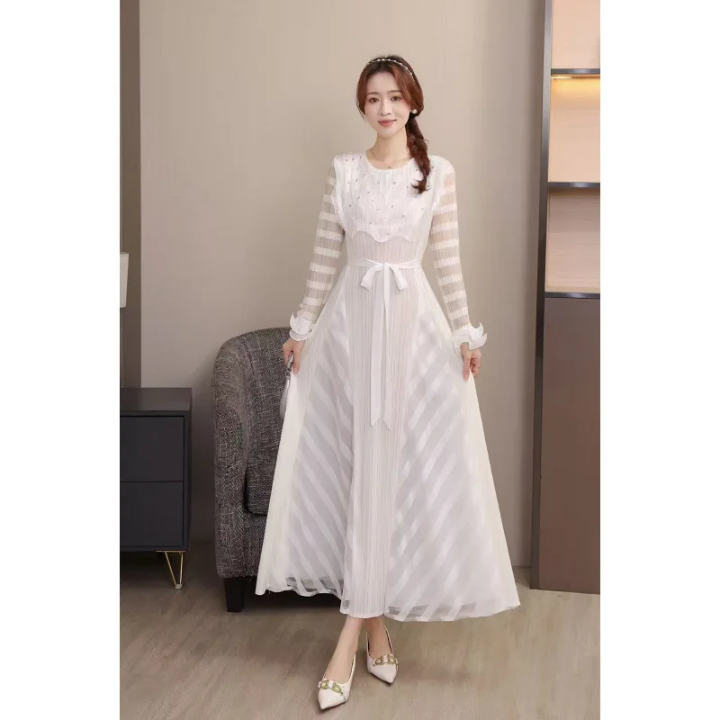 레트로 우드 비즈 벨트 캐주얼 디자인 플리츠 드 하이 웨이스트 플로잉 벨벳 A라인 스커트 롱 스커트 봄